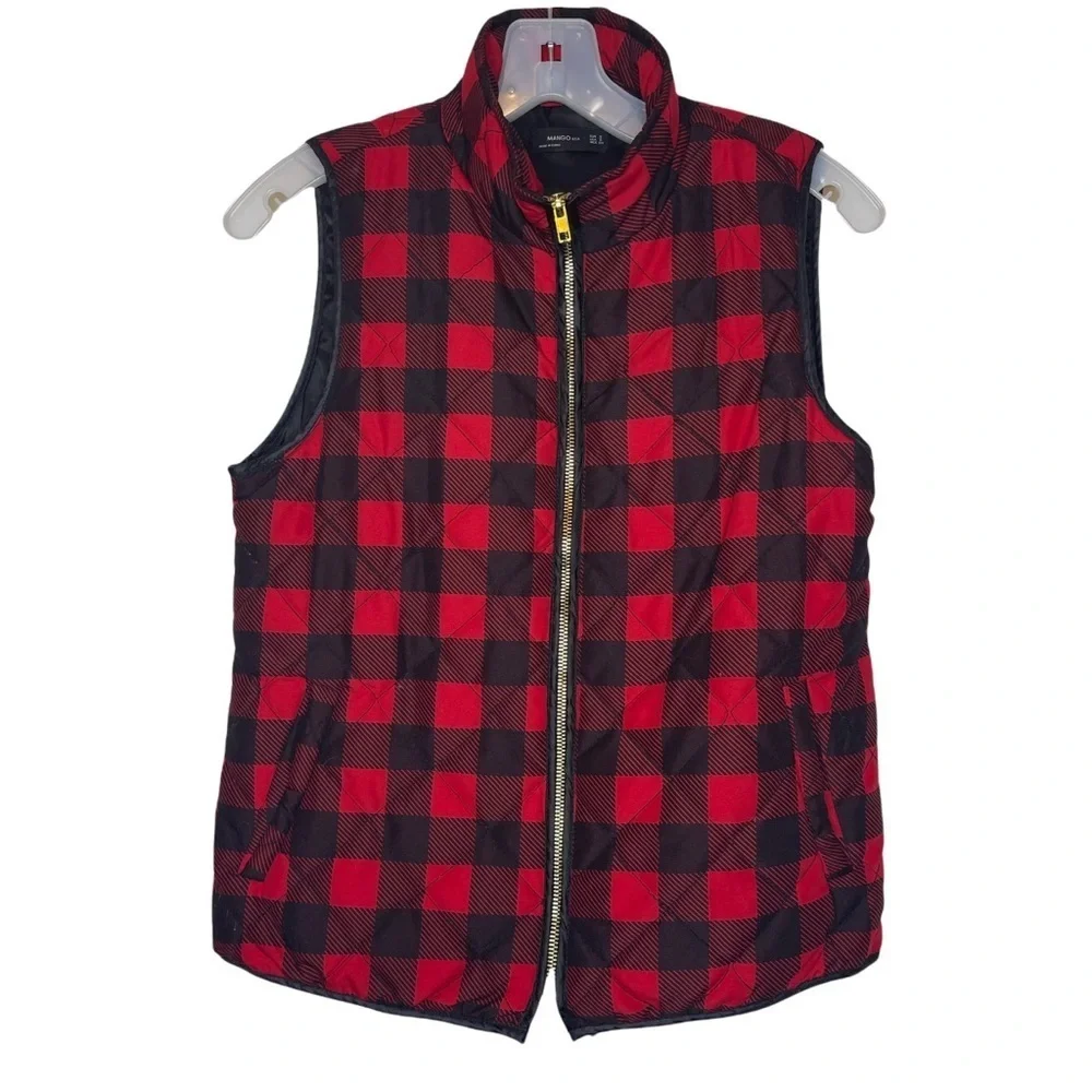 Mango Red & Black Buffalo Plaid Zip Up‎ Vest Women's Small